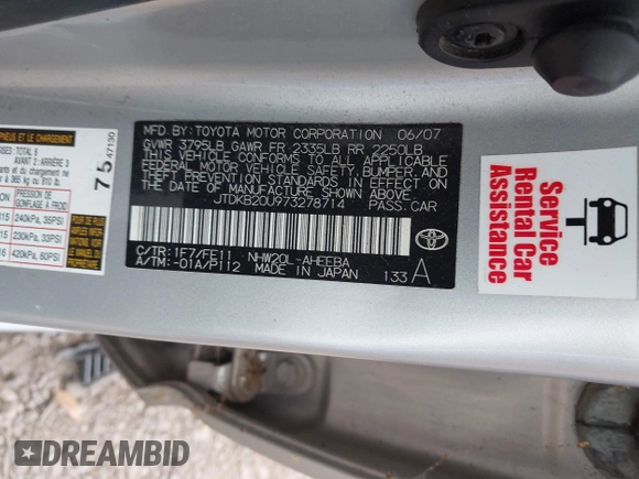 2007 Toyota Prius with VIN JTDKB20U973278714, listed as a IAAI auction lot 42046126 with 159,083 mi miles. Bid and sale history available at carsss.com. Image 9.