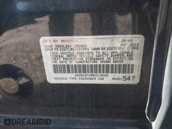 2011 Mitsubishi Lancer ES with VIN JA32U2FU9BU018008, listed as a IAAI auction lot 41218813 with 162,728 mi miles. Bid and sale history available at carsss.com. Image 9.