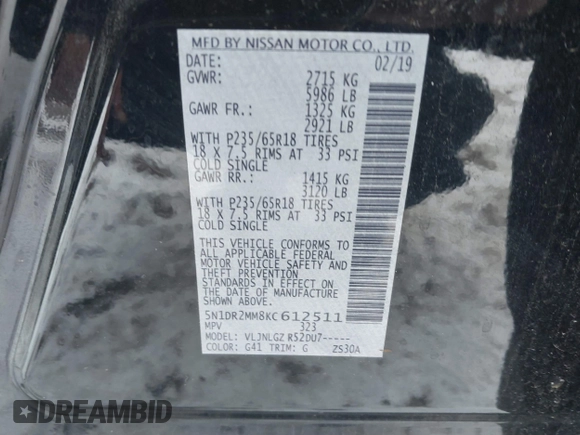 2019 Nissan Pathfinder SV z VIN 5N1DR2MM8KC612511, wystawiony jako IAAI lot #41623349 z przebiegiem 96 059 mil mil oraz . Historia ofert i sprzedaży dostępna na DreamBid. Obrazek 9.