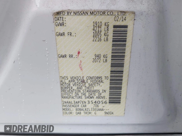 2014 Nissan Altima SV with VIN 1N4AL3AP7EN354056, listed as a IAAI auction lot 42101489 with 206,245 mi miles and . Bid and sale history available at DreamBid. Image 9.