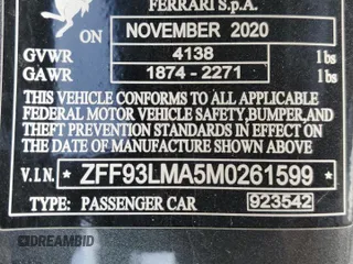 2021 Ferrari F8 с VIN ZFF93LMA5M0261599, выставлен на аукционе Copart как лот 48388975 с пробегом 3 070 миль миль и Списание • Salvage title. История ставок и продаж доступна на DreamBid. Изображение 12.