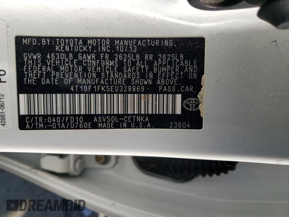 2014 Toyota Camry L with VIN 4T1BF1FK5EU328869, listed as a Copart auction lot 55331505 with 260,527 mi miles and Salvage Title. Bid and sale history available at carsss.com. Image 12.