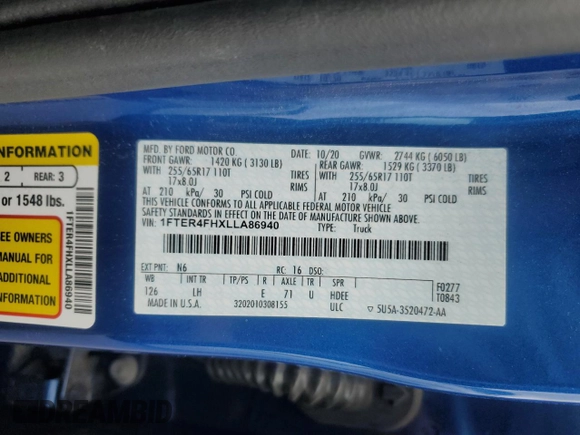 2020 Ford Ranger XL with VIN 1FTER4FHXLLA86940, listed as a Copart auction lot 58614045 with 77,249 mi miles and Salvage title. Bid and sale history available at DreamBid. Image 12.