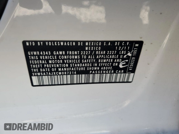2012 Volkswagen Jetta GLI Autobahn with VIN 3VW5A7AJXCM087214, listed as a Copart auction lot 75011884 with 127,079 mi miles and Salvage title. Bid and sale history available at DreamBid. Image 12.
