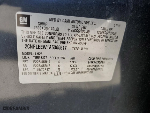 2010 Chevrolet Equinox LT w/1LT with VIN 2CNFLEEW1A6300517, listed as a Copart auction lot 49846655 with 172,244 mi miles and Salvage Title. Bid and sale history available at carsss.com. Image 12.