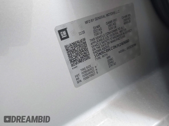 2019 Chevrolet Tahoe LT with VIN 1GNSCBKC0KR240660, listed as a IAAI auction lot 42265044 with 109,720 mi miles and . Bid and sale history available at DreamBid. Image 9.