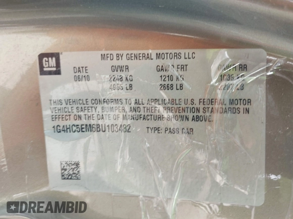 2011 Buick Lucerne CXL with VIN 1G4HC5EM6BU103482, listed as a IAAI auction lot 42157397 with 143,267 mi miles and . Bid and sale history available at carsss.com. Image 9.