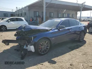 2018 Infiniti Q50 Red Sport 400 with VIN JN1FV7AP1JM460393, listed as a Copart auction lot 46297875 with 76,255 mi miles and Salvage title. Bid and sale history available at DreamBid. Image 1.