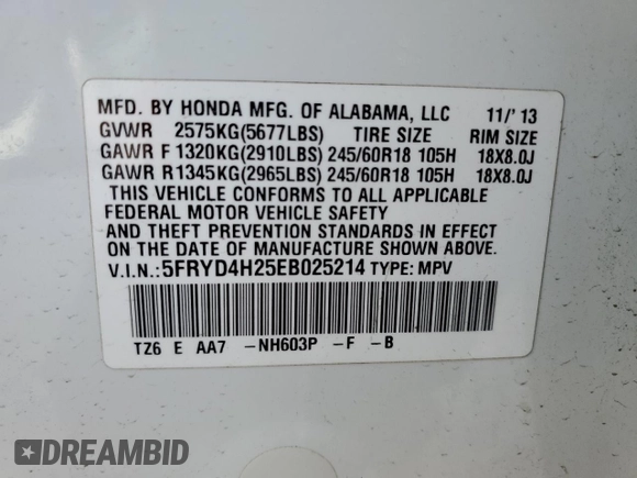2014 Acura MDX с VIN 5FRYD4H25EB025214, выставлен на аукционе Copart как лот 50975875 с пробегом 108 206 миль миль и Чистый • Clean title. История ставок и продаж доступна на DreamBid. Изображение 12.