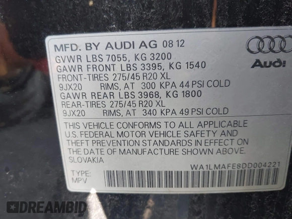 2013 Audi Q7 3.0L TDI Premium Plus with VIN WA1LMAFE8DD004221, listed as a IAAI auction lot 41678528 with 159,485 mi miles. Bid and sale history available at carsss.com. Image 9.