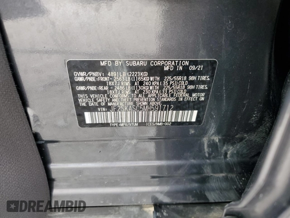 2021 Subaru Forester Limited with VIN JF2SKASC5MH591712, listed as a Copart auction lot 57068895 with 31,296 mi miles and Non repairable. Bid and sale history available at DreamBid. Image 13.