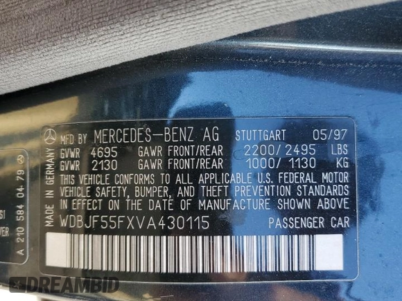 1997 Mercedes-Benz E 320 with VIN WDBJF55FXVA430115, listed as a Copart auction lot 43053715 with 158,057 mi miles and Clean Title. Bid and sale history available at DreamBid. Image 12.