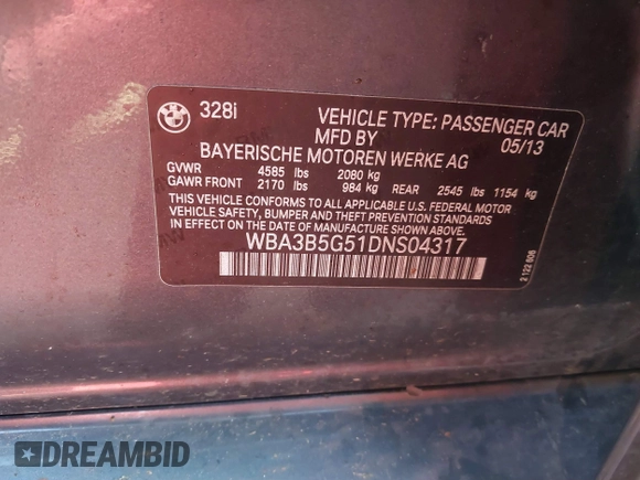 2013 BMW 3 Series 328i xDrive with VIN WBA3B5G51DNS04317, listed as a IAAI auction lot 41434777 with 1 mi miles. Bid and sale history available at carsss.com. Image 9.