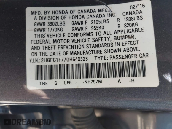 2016 Honda Civic EX-L with VIN 2HGFC1F77GH640323, listed as a IAAI auction lot 41969858 with Not provided miles and . Bid and sale history available at DreamBid. Image 9.