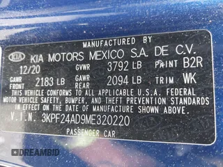 2021 Kia Forte LXS с VIN 3KPF24AD9ME320220, выставлен на аукционе IAAI как лот 42066789 с пробегом 72 503 миль миль и . История ставок и продаж доступна на DreamBid. Изображение 9.