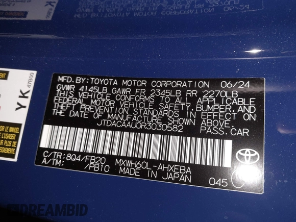 2024 Toyota Prius LE with VIN JTDACAAU0R3030582, listed as a IAAI auction lot 41838615 with 9,402 mi miles and . Bid and sale history available at DreamBid. Image 9.