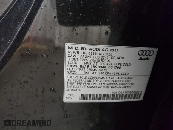 2011 Audi Q7 S line with VIN WA1DGAFE7BD008575, listed as a Copart auction lot 76127064 with 282,747 mi miles and Salvage title. Bid and sale history available at DreamBid. Image 12.