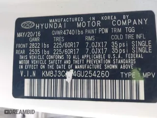 2016 Hyundai Tucson SE with VIN KM8J3CA44GU254260, listed as a IAAI auction lot 41328567 with 124,554 mi miles. Bid and sale history available at carsss.com. Image 9.