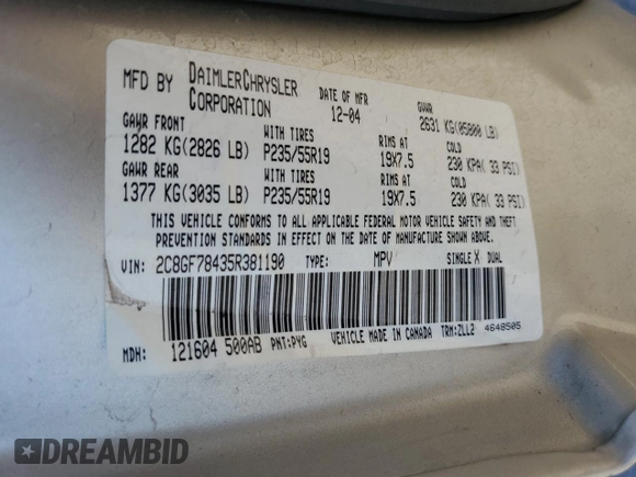 2005 Chrysler Pacifica z VIN 2C8GF78435R381190, wystawiony jako Copart lot #77489894 z przebiegiem 166 614 mil mil oraz Szkoda całkowita • Salvage title. Historia ofert i sprzedaży dostępna na DreamBid. Obrazek 14.