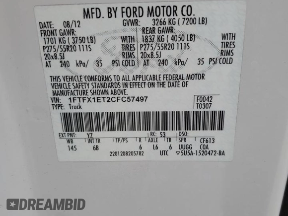 2012 Ford F-150 XL with VIN 1FTFX1ET2CFC57497, listed as a Copart auction lot 49132945 with 84,430 mi miles and Salvage Title. Bid and sale history available at carsss.com. Image 14.