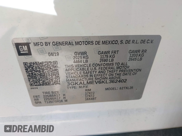 2019 GMC Terrain SLE with VIN 3GKALMEV6KL362402, listed as a IAAI auction lot 41966870 with 76,899 mi miles and . Bid and sale history available at DreamBid. Image 9.