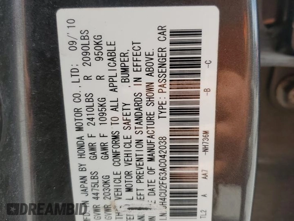 2010 Acura TSX with VIN JH4CU2F63AC042038, listed as a Copart auction lot 56630995 with 241,689 mi miles and Salvage title. Bid and sale history available at DreamBid. Image 12.