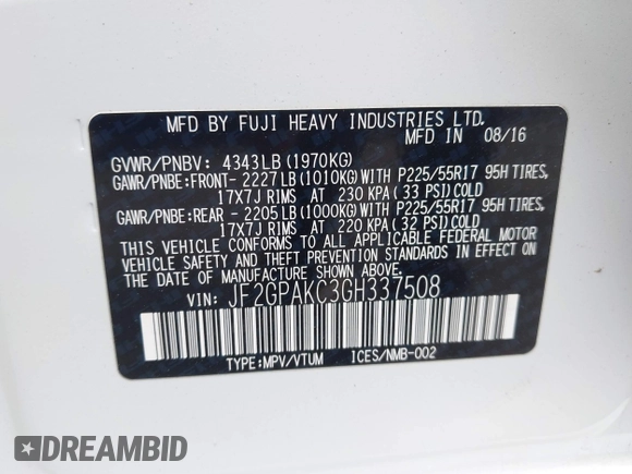 2016 Subaru Crosstrek Limited with VIN JF2GPAKC3GH337508, listed as a IAAI auction lot 42472567 with 43,620 mi miles and . Bid and sale history available at DreamBid. Image 9.