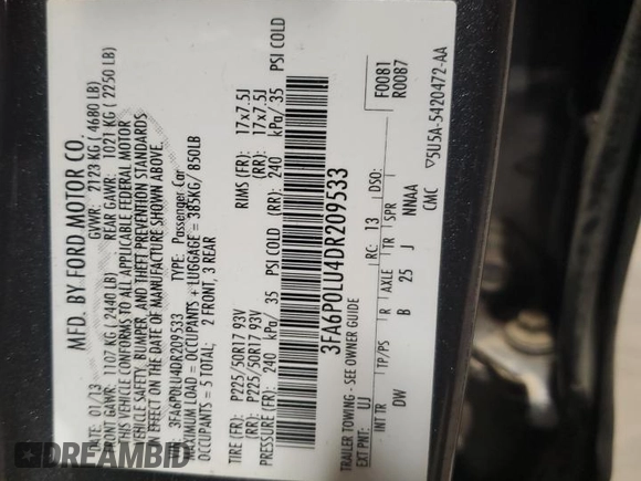 2013 Ford Fusion SE Hybrid with VIN 3FA6P0LU4DR209533, listed as a Copart auction lot 59052725 with 90,424 mi miles and Clean title. Bid and sale history available at DreamBid. Image 12.