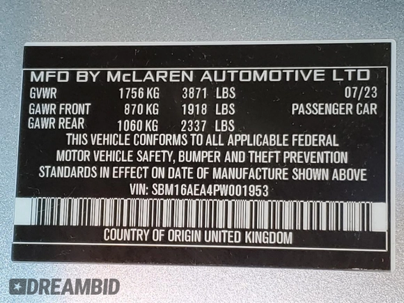 2023 McLaren Artura z VIN SBM16AEA4PW001953, wystawiony jako Copart lot #80270564 z przebiegiem 5956 mil mil oraz Nie do naprawy. Historia ofert i sprzedaży dostępna na DreamBid. Obrazek 13.