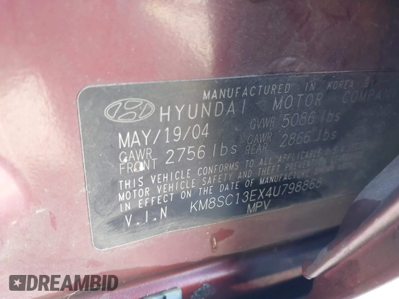 2004 Hyundai Santa Fe GLS with VIN KM8SC13EX4U798868, listed as a IAAI auction lot 41835652 with 222,350 mi miles. Bid and sale history available at carsss.com. Image 9.
