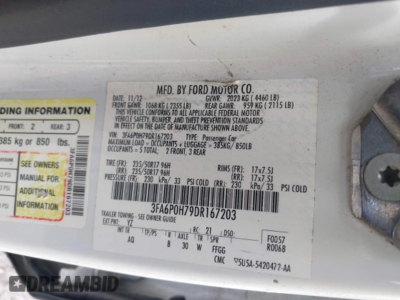 2013 Ford Fusion SE with VIN 3FA6P0H79DR167203, listed as a IAAI auction lot 42674507 with 181,474 mi miles and . Bid and sale history available at DreamBid. Image 9.