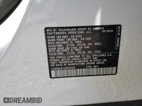 2018 Volkswagen Atlas SE z VIN 1V2PR2CA1JC570706, wystawiony jako Copart lot #68623484 z przebiegiem 136 747 mil mil oraz Szkoda całkowita • Salvage title. Historia ofert i sprzedaży dostępna na DreamBid. Obrazek 14.