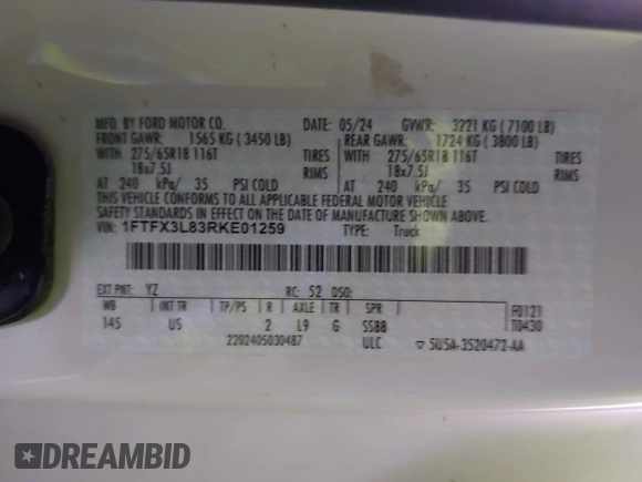 2024 Ford F-150 с VIN 1FTFX3L83RKE01259, выставлен на аукционе IAAI как лот 41421526 с пробегом 32 330 миль миль и . История ставок и продаж доступна на DreamBid. Изображение 9.