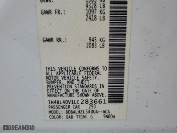 2020 Nissan Altima 2.5 SV with VIN 1N4BL4DV1LC283661, listed as a Copart auction lot 86435524 with 108,790 mi miles and Salvage Title. Bid and sale history available at carsss.com. Image 13.