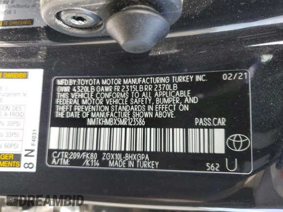 2021 Toyota C-HR LE with VIN NMTKHMBX5MR123586, listed as a Copart auction lot 54247515 with 47,646 mi miles and Salvage Title. Bid and sale history available at DreamBid. Image 13.