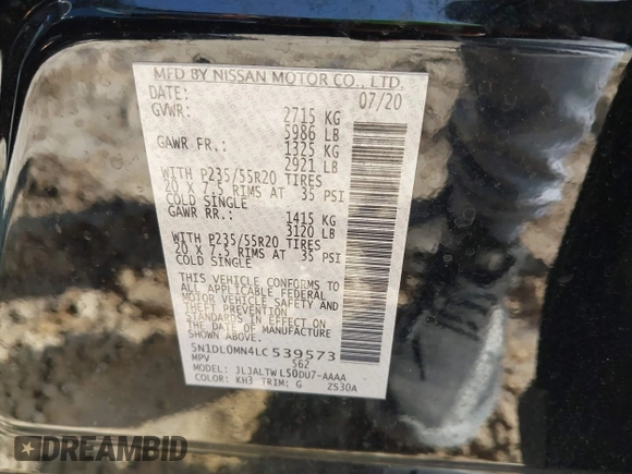 2020 Infiniti QX60 Pure with VIN 5N1DL0MN4LC539573, listed as a IAAI auction lot 42010032 with 104,507 mi miles and . Bid and sale history available at DreamBid. Image 9.