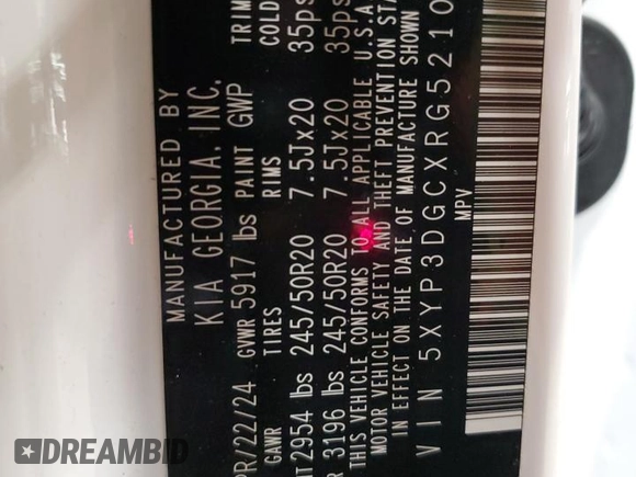 2024 Kia Telluride EX with VIN 5XYP3DGCXRG521053, listed as a Copart auction lot 50351475 with 18,227 mi miles and Salvage title. Bid and sale history available at DreamBid. Image 14.