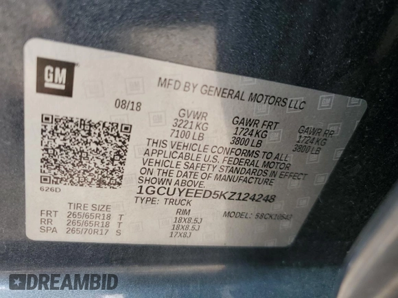 2019 Chevrolet Silverado 1500 RST with VIN 1GCUYEED5KZ124248, listed as a Copart auction lot 53112225 with Not Provided miles and Salvage Title. Bid and sale history available at DreamBid. Image 12.