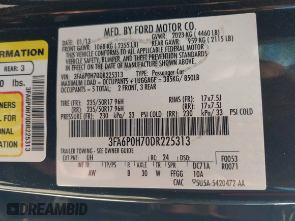 2013 Ford Fusion SE with VIN 3FA6P0H70DR225313, listed as a IAAI auction lot 42210008 with 70,267 mi miles and . Bid and sale history available at DreamBid. Image 9.