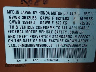 2011 Honda Fit Sport with VIN JHMGE8H57BS006558, listed as a IAAI auction lot 41907022 with 73,328 mi miles and . Bid and sale history available at DreamBid. Image 9.