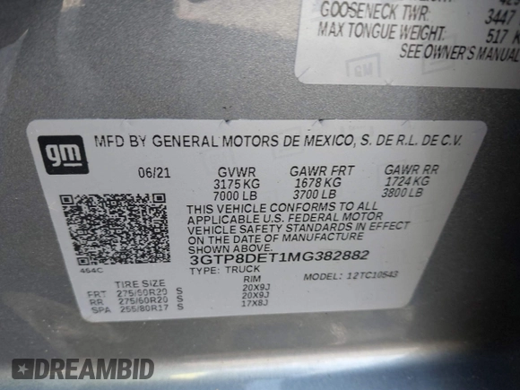 2021 GMC Sierra 1500 with VIN 3GTP8DET1MG382882, listed as a IAAI auction lot 41615193 with 64,120 mi miles and . Bid and sale history available at DreamBid. Image 8.