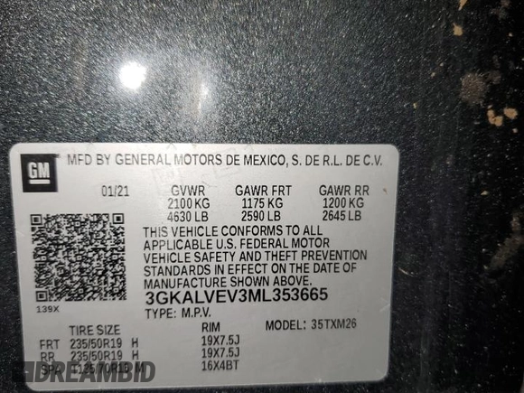 2021 GMC Terrain SLT with VIN 3GKALVEV3ML353665, listed as a Copart auction lot 55581865 with 85,903 mi miles and Salvage title. Bid and sale history available at DreamBid. Image 13.