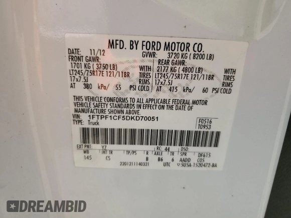 2013 Ford F-150 XL with VIN 1FTPF1CF5DKD70051, listed as a Copart auction lot 48748135 with 204,755 mi miles and Salvage title. Bid and sale history available at DreamBid. Image 12.