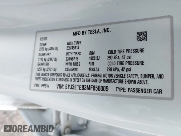 2021 Tesla Model 3 Long Range with VIN 5YJ3E1EB3MF856009, listed as a IAAI auction lot 41809767 with 42,072 mi miles. Bid and sale history available at carsss.com. Image 9.