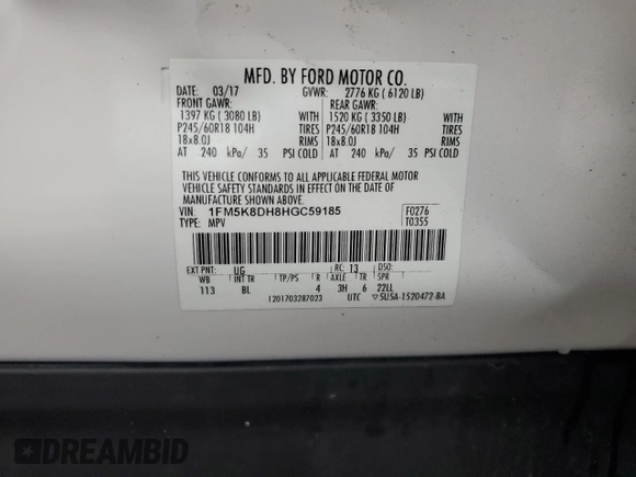 2017 Ford Explorer XLT with VIN 1FM5K8DH8HGC59185, listed as a Copart auction lot 62976445 with 139,304 mi miles and Salvage title. Bid and sale history available at DreamBid. Image 13.