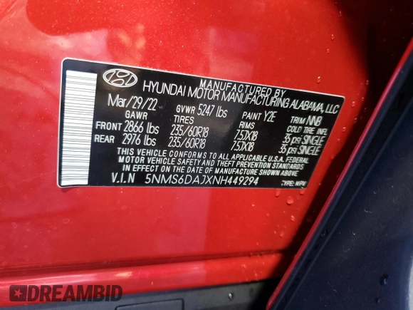2022 Hyundai Santa Fe XRT with VIN 5NMS6DAJXNH449294, listed as a Copart auction lot 36372193 with 2,054 mi miles. Bid and sale history available at carsss.com. Image 12.