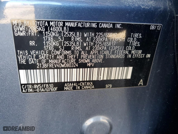 2013 Toyota RAV4 LE with VIN 2T3BFREV4DW080324, listed as a Copart auction lot 46670025 with 160,770 mi miles and Salvage Title. Bid and sale history available at carsss.com. Image 15.