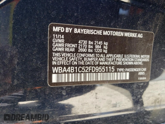2015 BMW 4 Series 435i with VIN WBA4B1C52FD955115, listed as a Copart auction lot 49230965 with 91,383 mi miles and Salvage title. Bid and sale history available at DreamBid. Image 14.