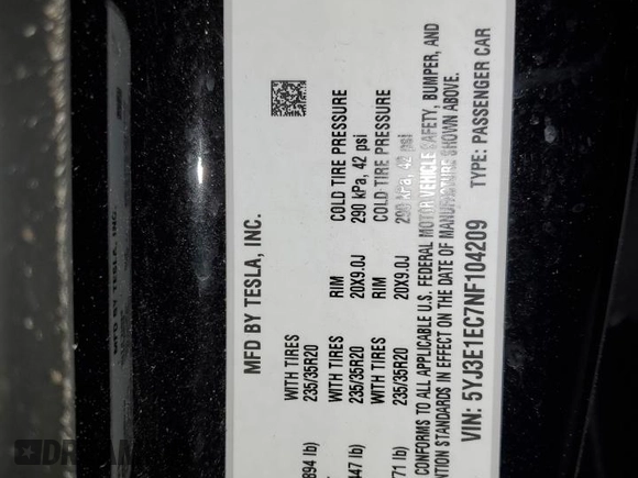 2022 Tesla Model 3 Performance with VIN 5YJ3E1EC7NF104209, listed as a Copart auction lot 86266344 with 77,335 mi miles and Salvage Title. Bid and sale history available at DreamBid. Image 12.
