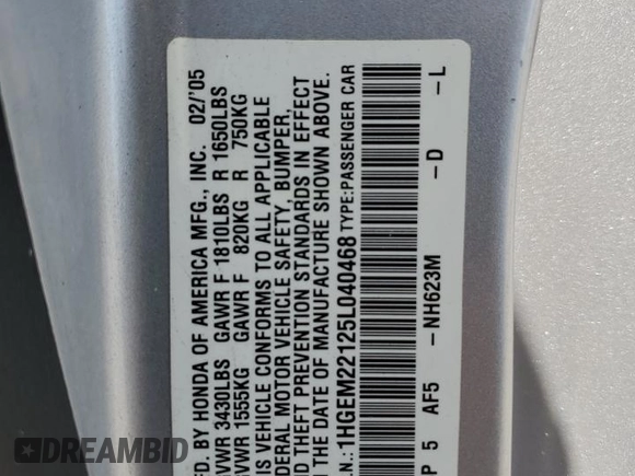 2005 Honda Civic VP z VIN 1HGEM22125L040468, wystawiony jako Copart lot #58404335 z przebiegiem 98 770 mil mil oraz Szkoda całkowita • Salvage title. Historia ofert i sprzedaży dostępna na DreamBid. Obrazek 12.